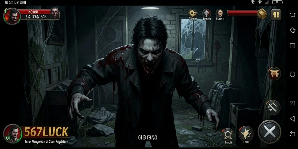 Screenshot 567LUCK menampilkan suasana kelam dan makhluk menakutkan.