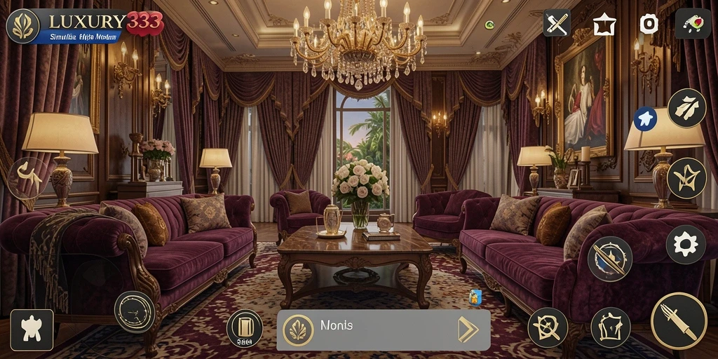 Screenshot LUXURY333 menampilkan karakter menikmati kehidupan mewah dalam simulasi.