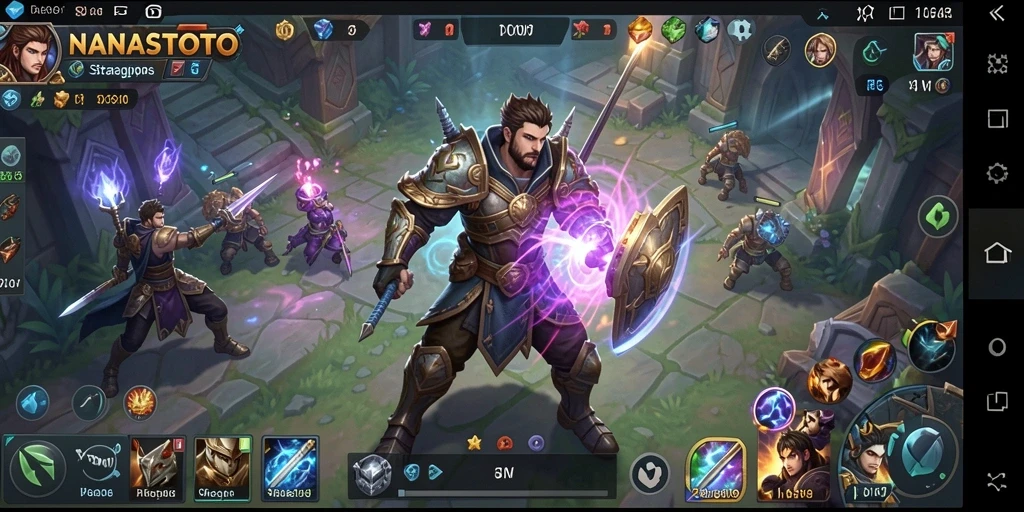 Tangkapan layar gameplay NANASTOTO menampilkan strategi pertempuran yang intens.