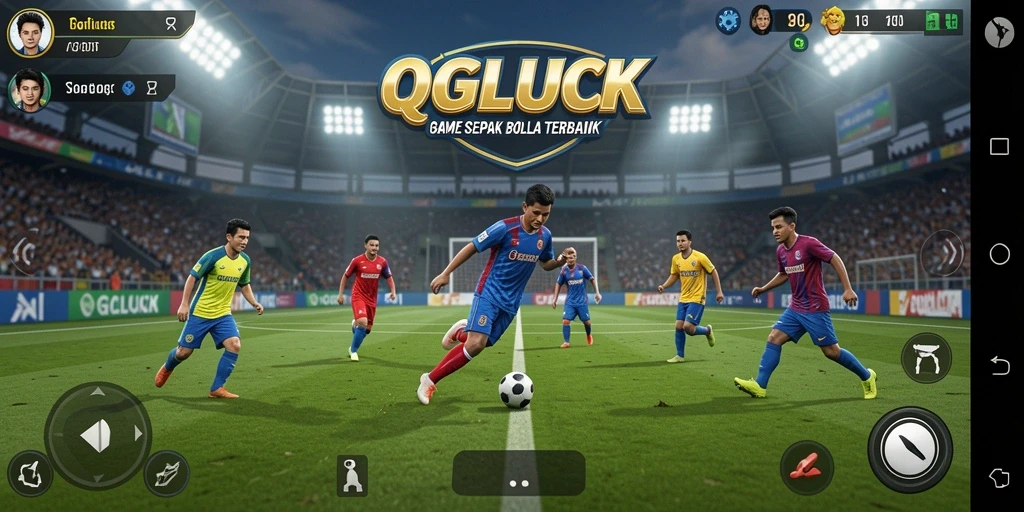 Screenshot QGLUCK menampilkan aksi gameplay sepak bola yang seru dan dinamis.